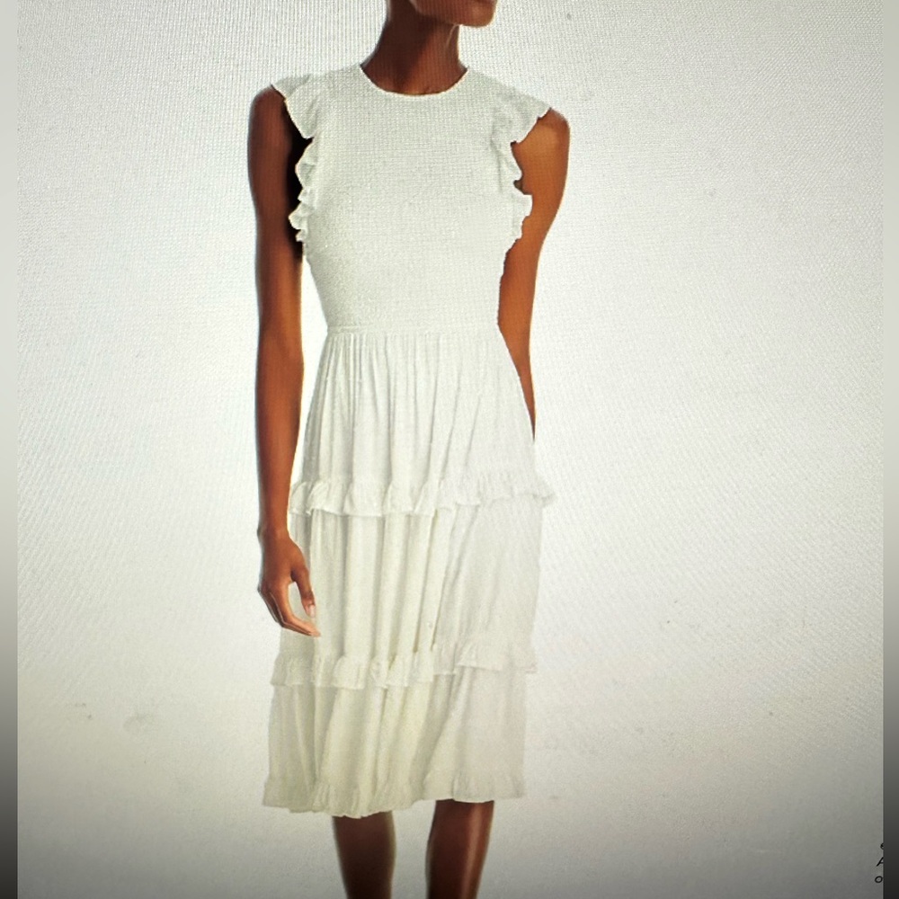 NWT, Bloomingdales, Aqua Smocked Clip Dot Midi Dress, White, size Small